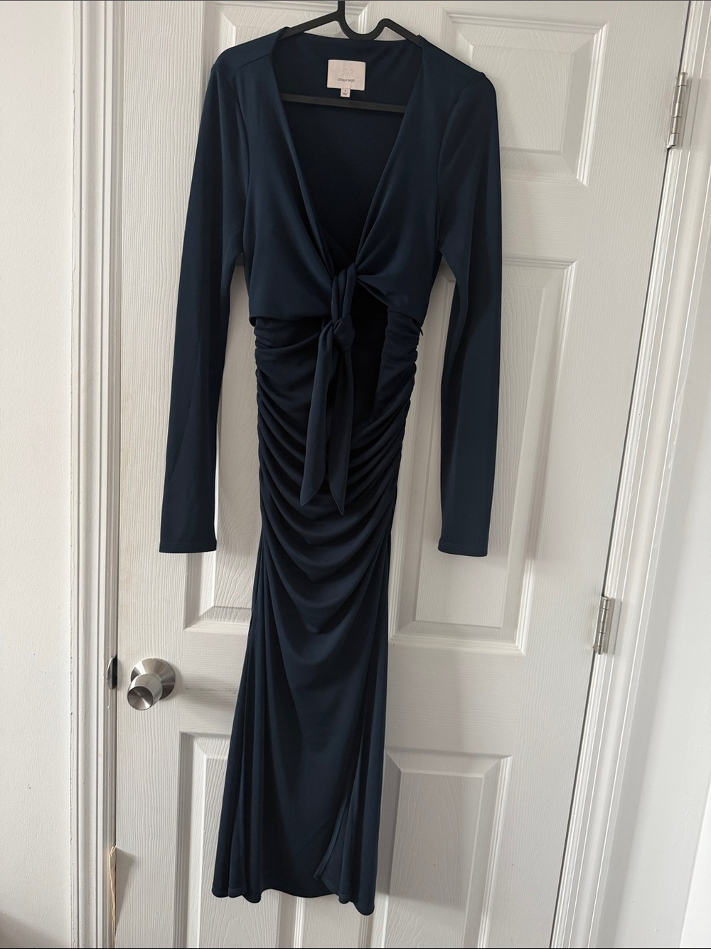 cinq a sept Navy Long-Sleeve Tie-Front Ruched Maxi Dress